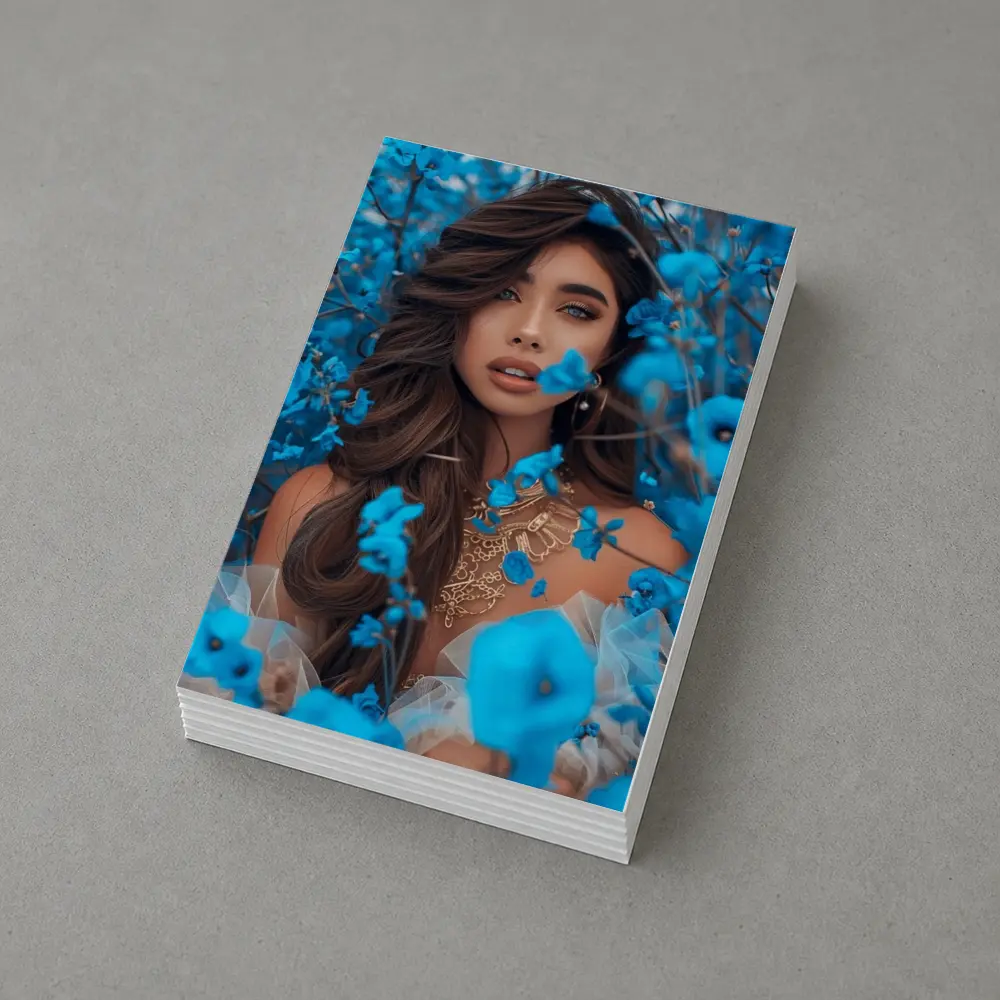 Woman Portrait Surrounded By Blue Flowers – Postcards