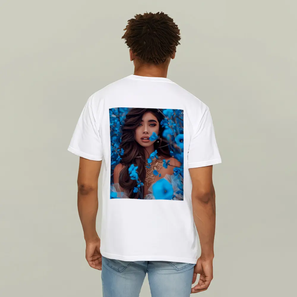 Woman Portrait Surrounded By Blue Flowers – T-Shirts