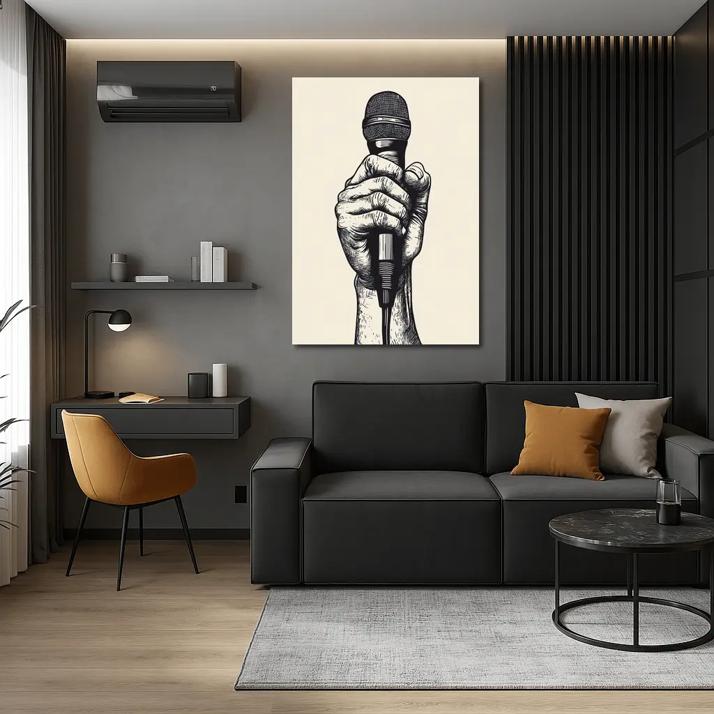 Hand Holding Microphone Black White Drawing – Wall Art