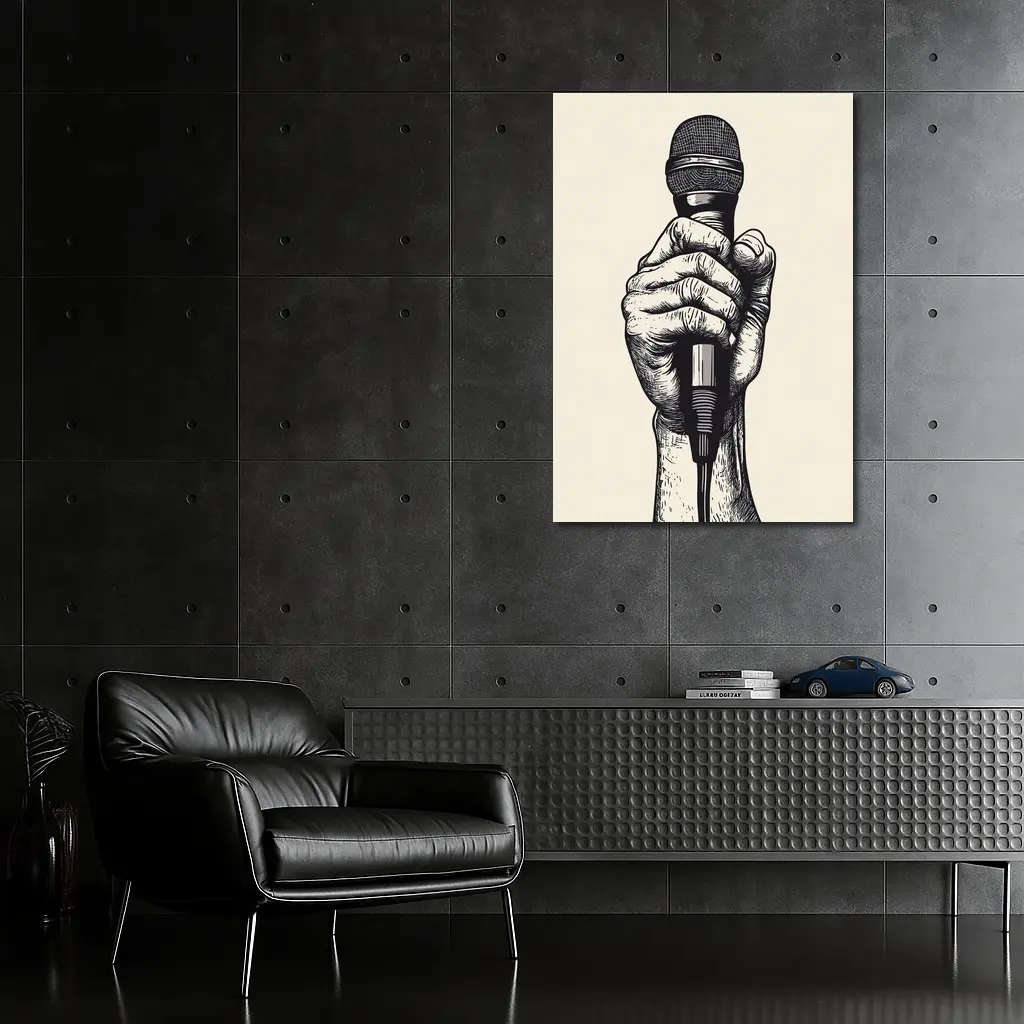 Hand Holding Microphone Black White Drawing – Wall Art
