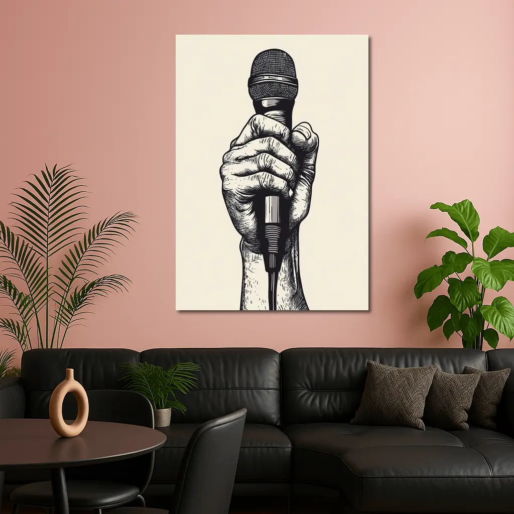 Hand Holding Microphone Black White Drawing – Wall Art