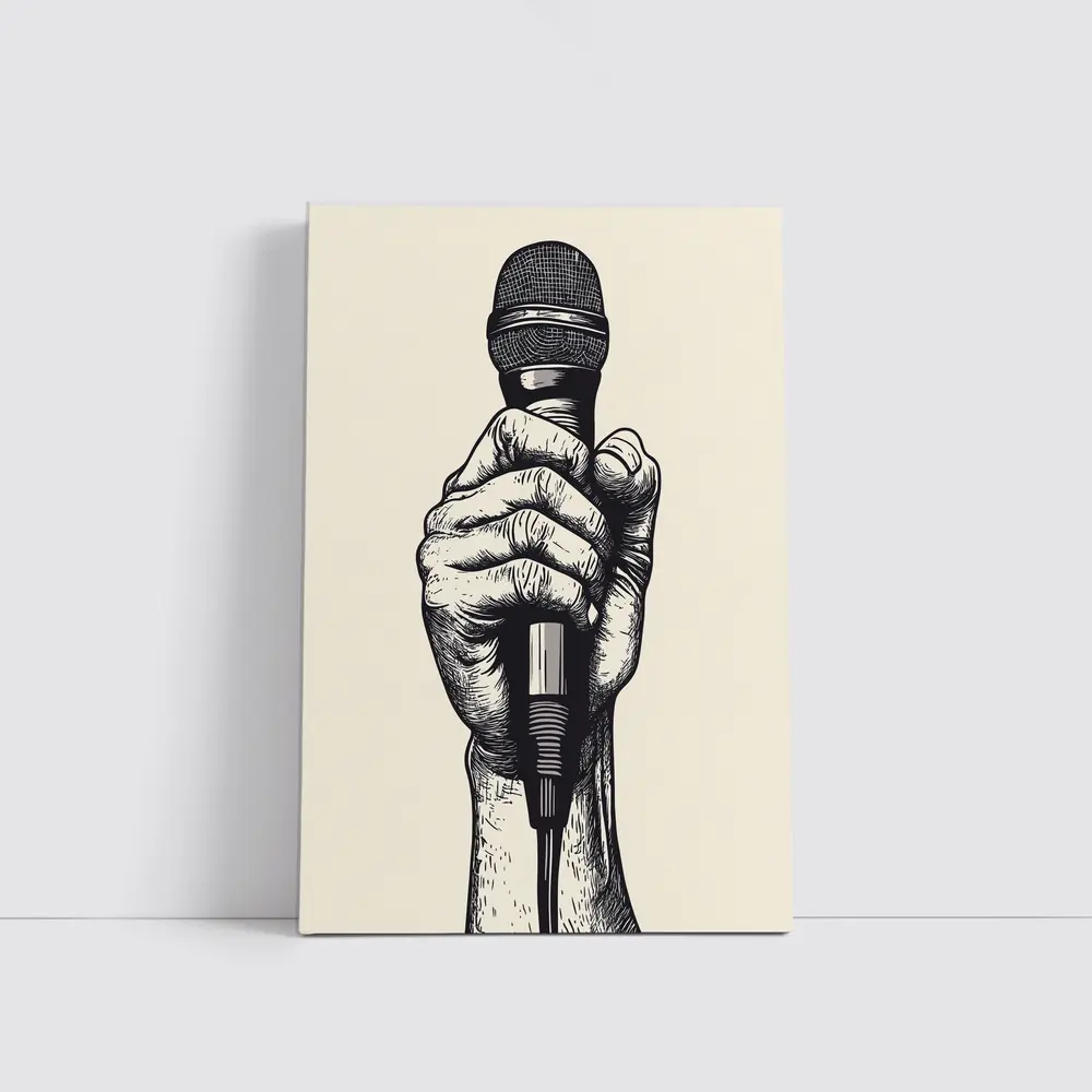 Hand Holding Microphone Black White Drawing – Wall Art