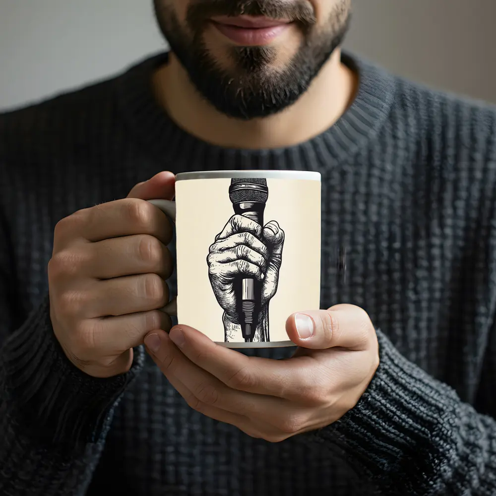 Hand Holding Microphone Black White Drawing – Mugs