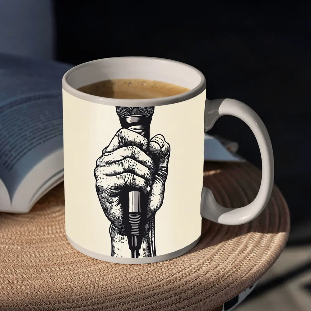 Hand Holding Microphone Black White Drawing – Mugs
