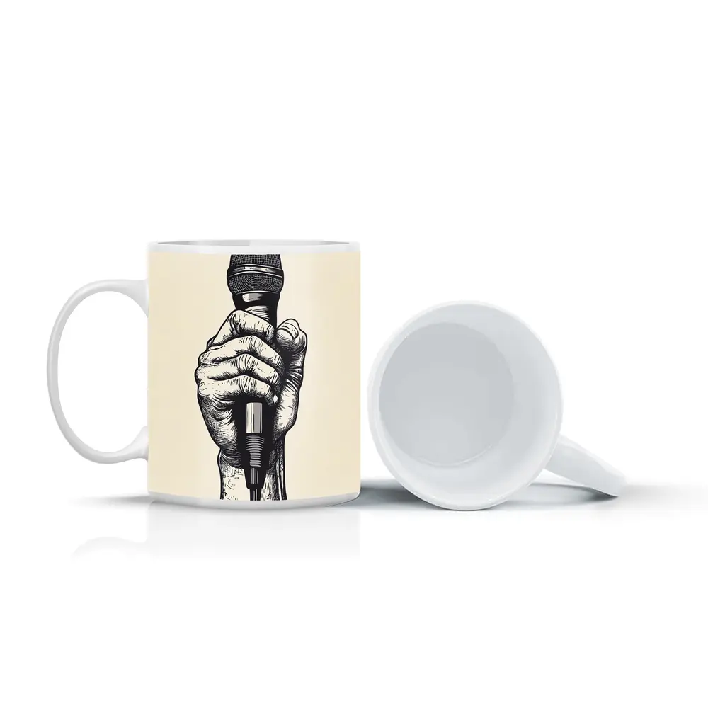 Hand Holding Microphone Black White Drawing – Mugs