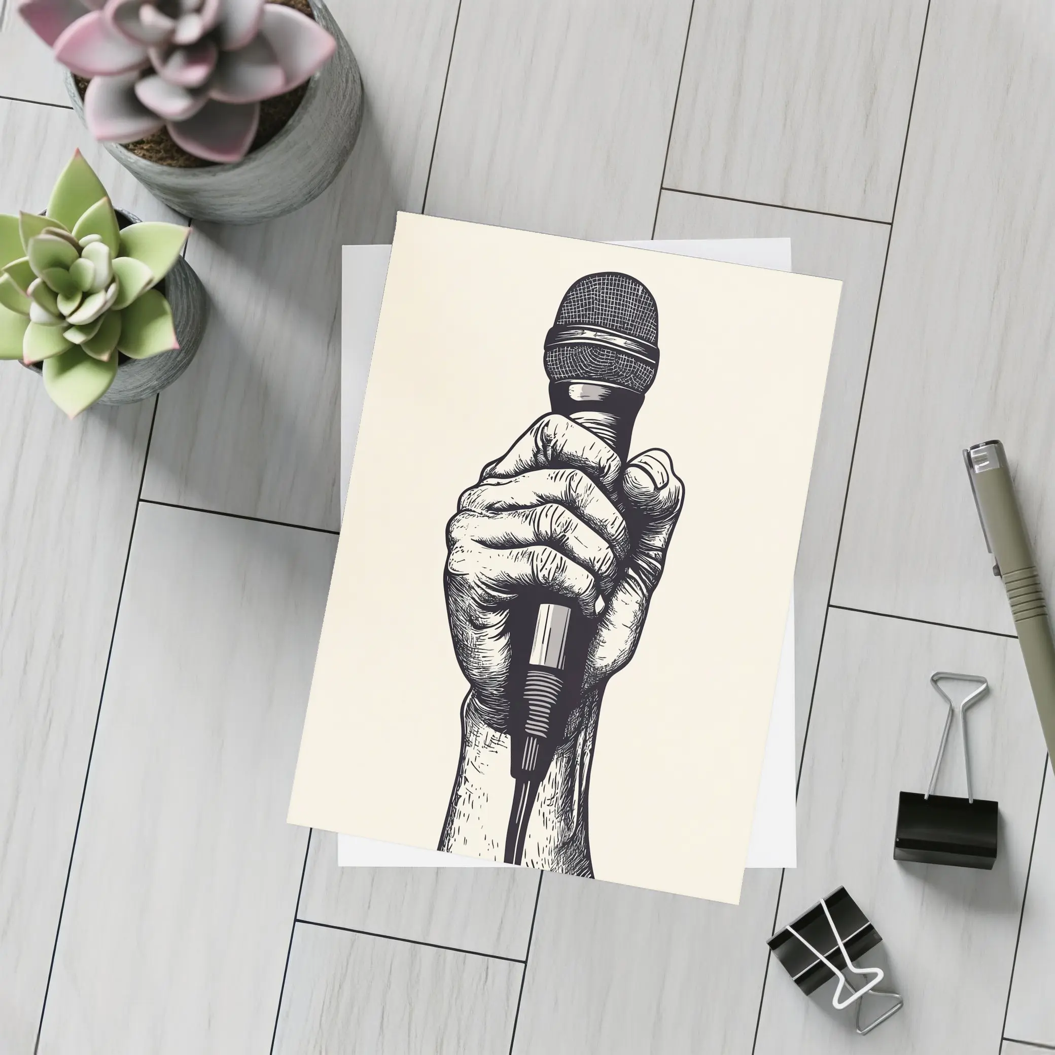 Hand Holding Microphone Black White Drawing – Postcards