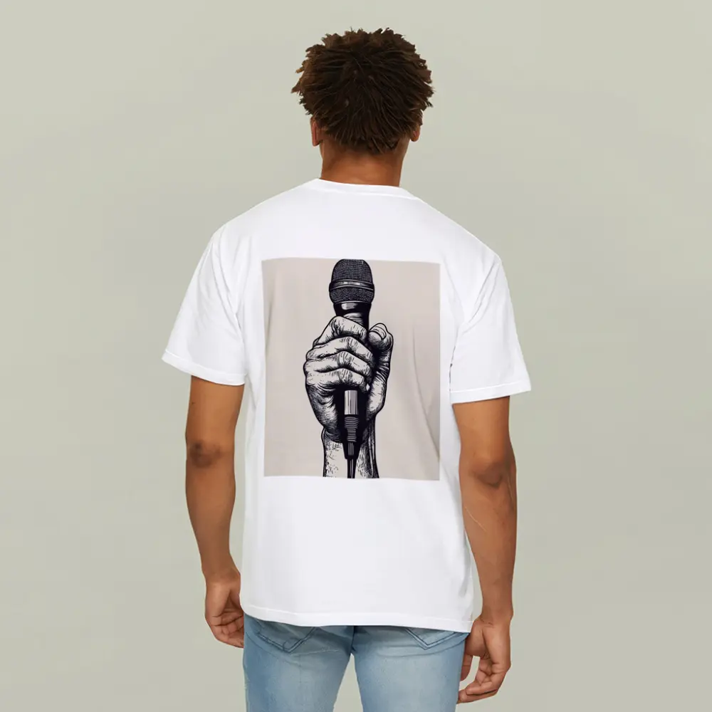 Hand Holding Microphone Black White Drawing – T-Shirts