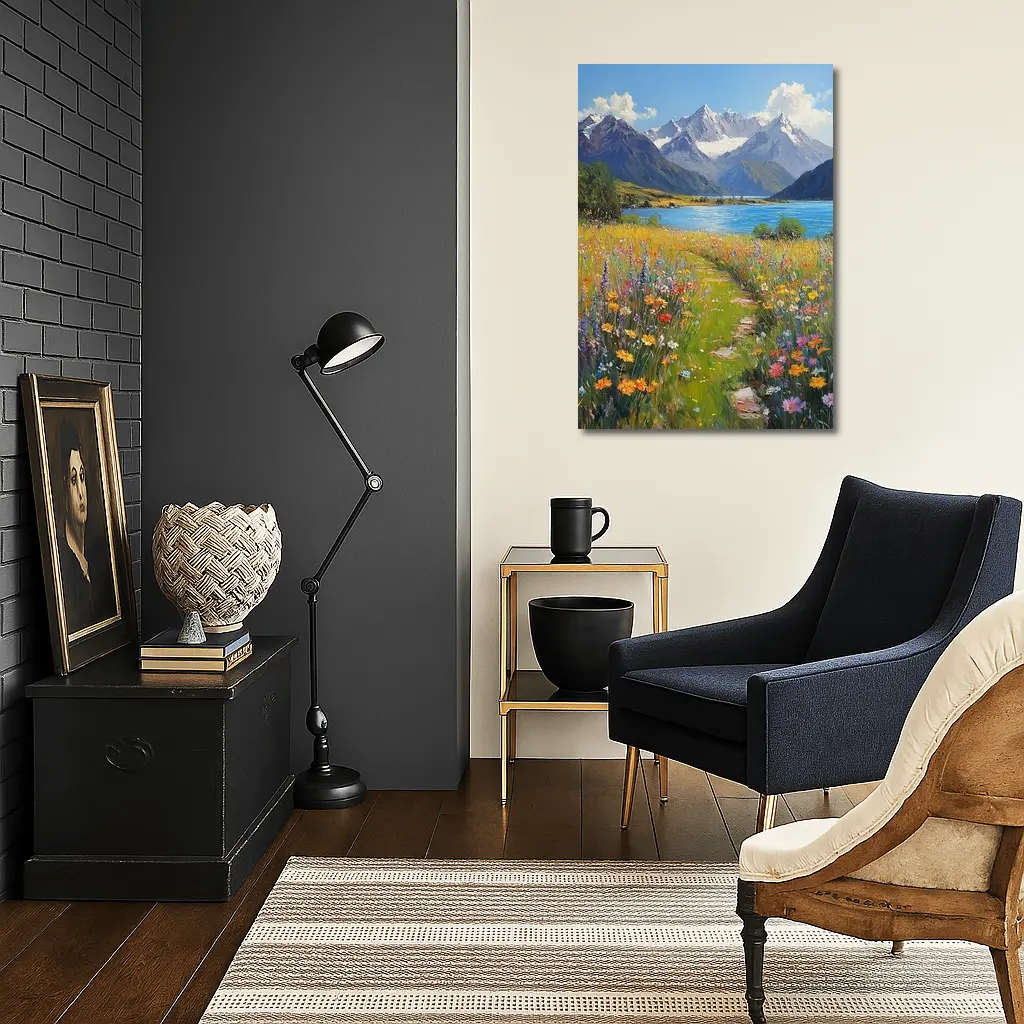 Wildflower Meadow Path Snow Capped Mountains – Wall Art