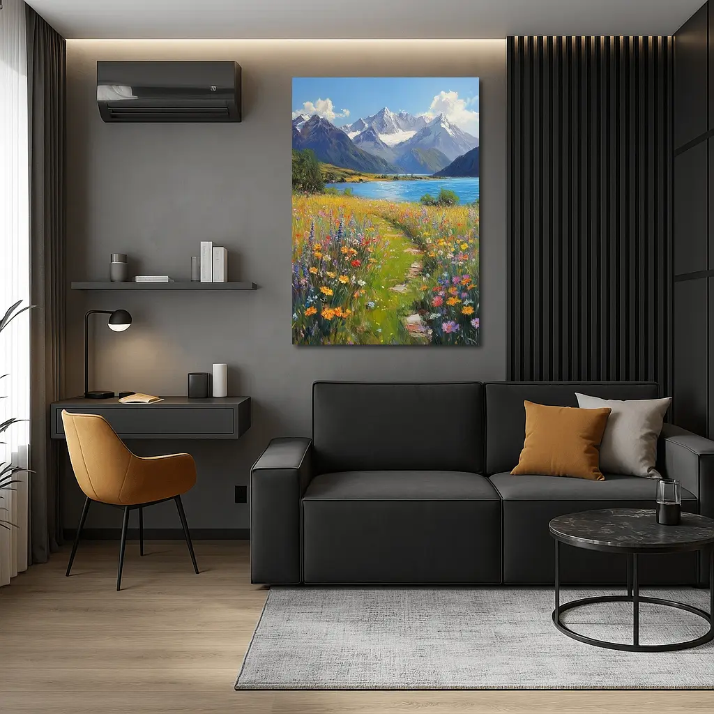 Wildflower Meadow Path Snow Capped Mountains – Wall Art