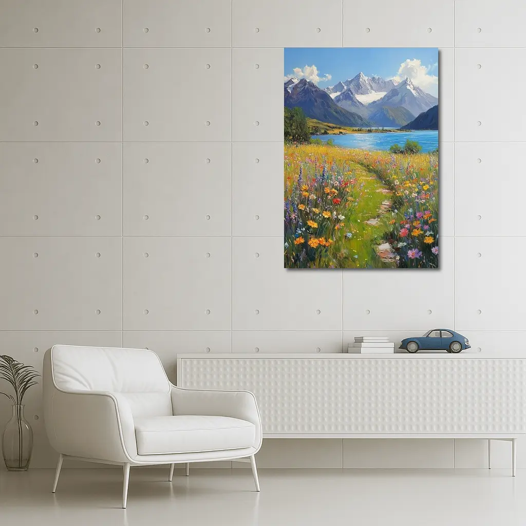 Wildflower Meadow Path Snow Capped Mountains – Wall Art