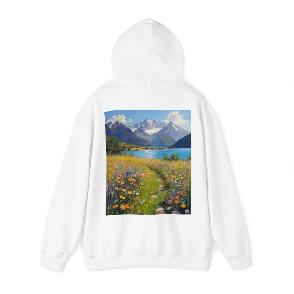Wildflower Meadow Path Snow Capped Mountains – Hoodies