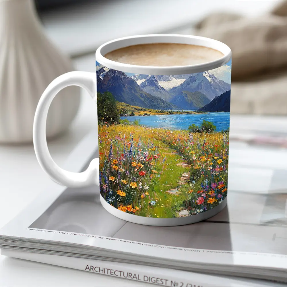 Wildflower Meadow Path Snow Capped Mountains – Mugs