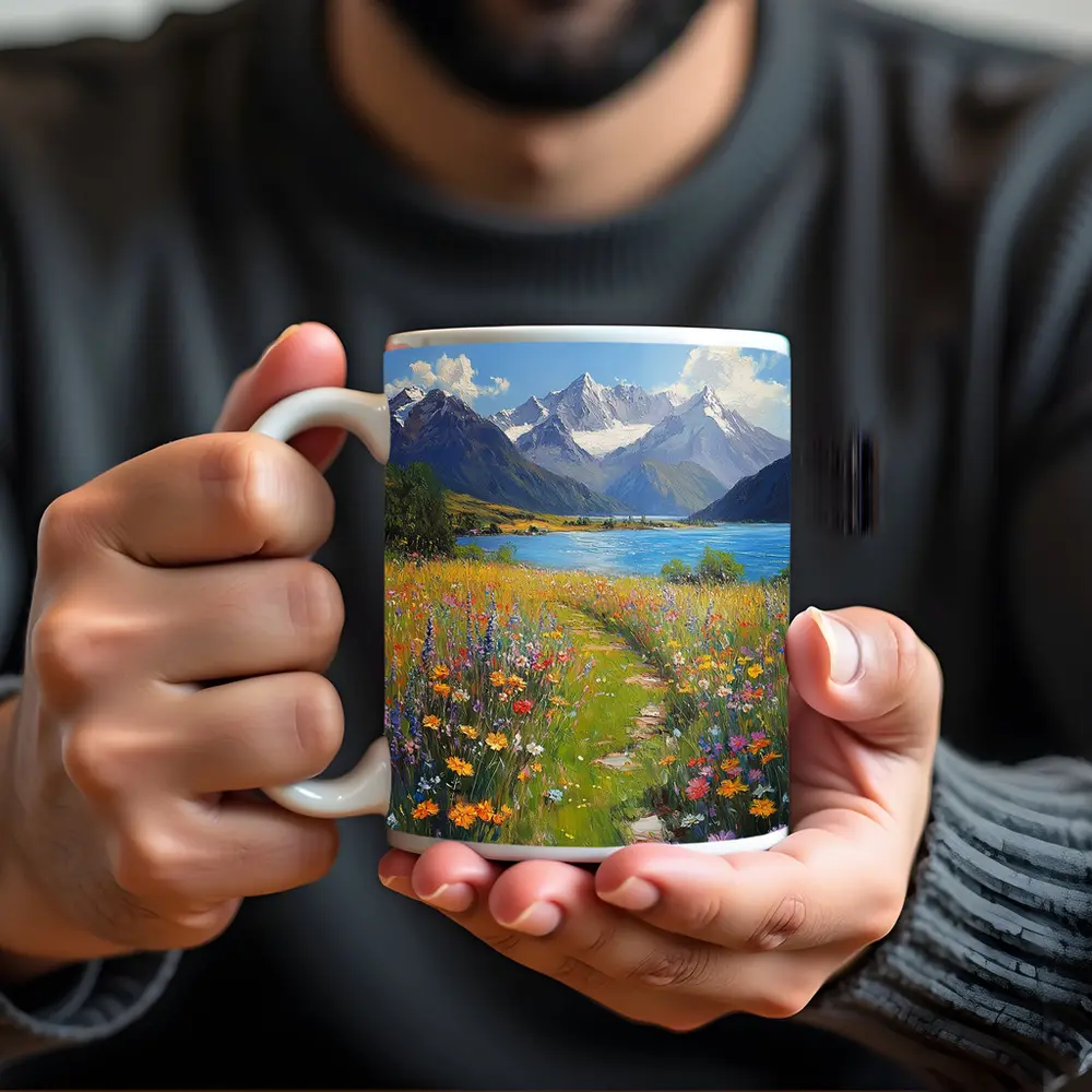 Wildflower Meadow Path Snow Capped Mountains – Mugs