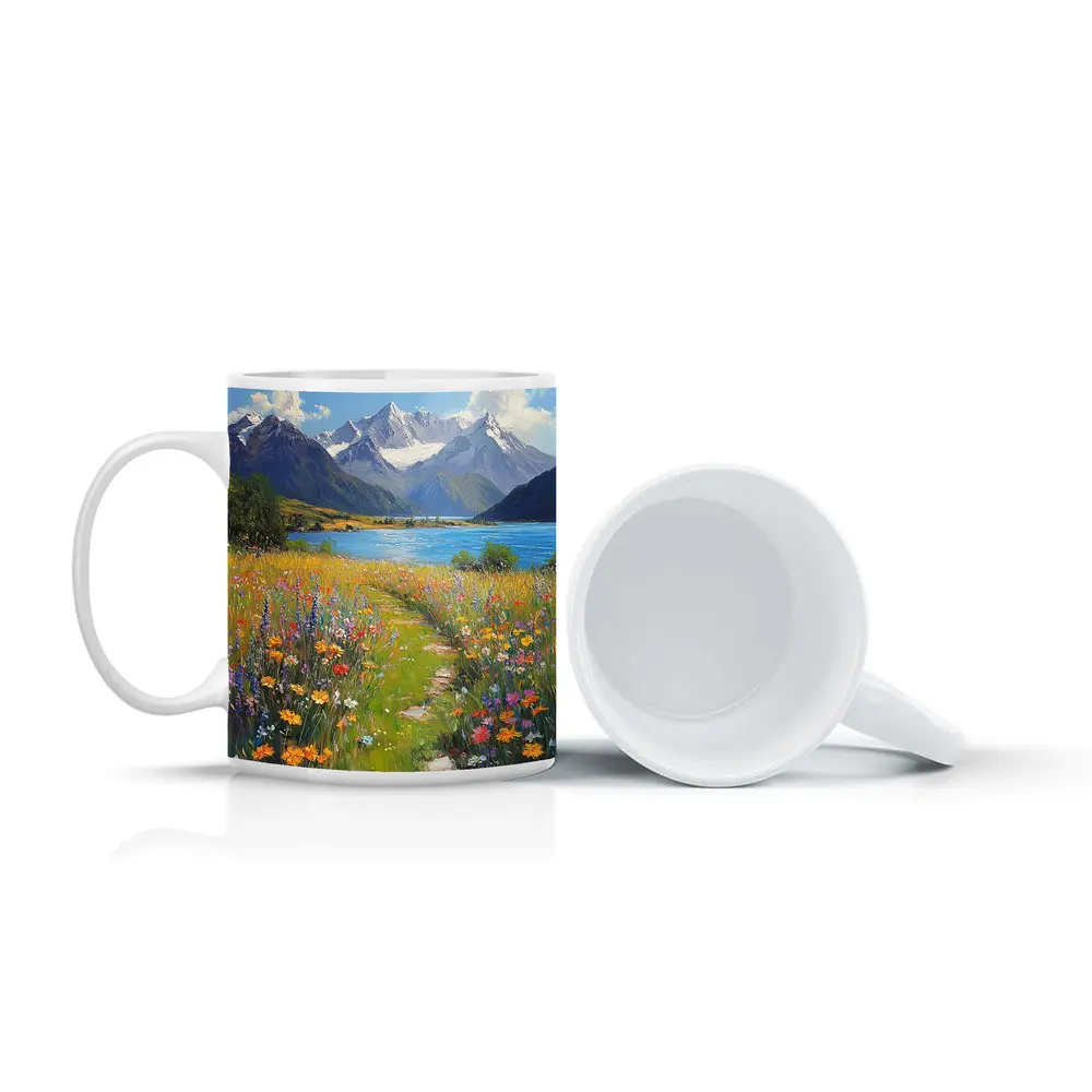 Wildflower Meadow Path Snow Capped Mountains – Mugs