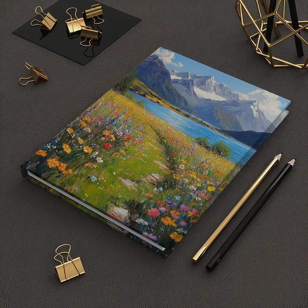 Wildflower Meadow Path Snow Capped Mountains – Notebooks