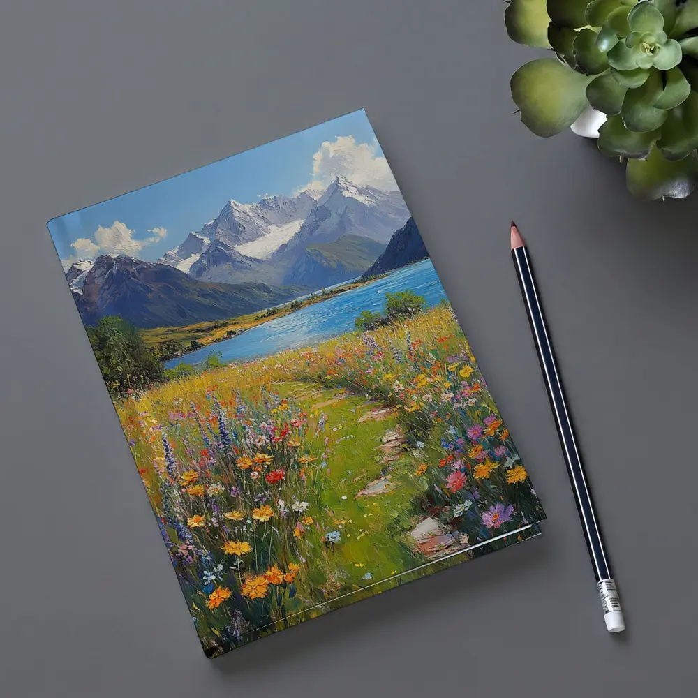 Wildflower Meadow Path Snow Capped Mountains – Notebooks
