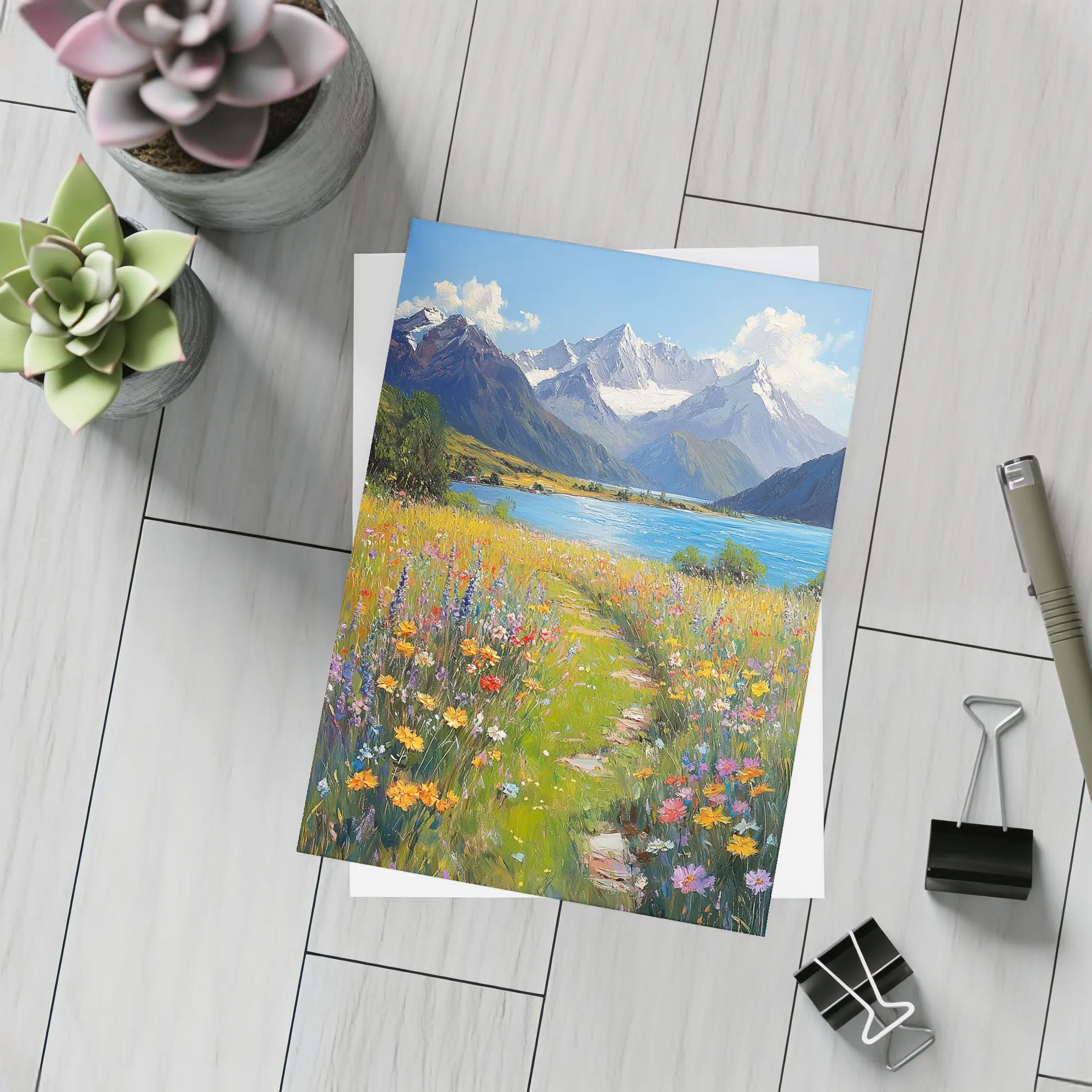 Wildflower Meadow Path Snow Capped Mountains – Postcards