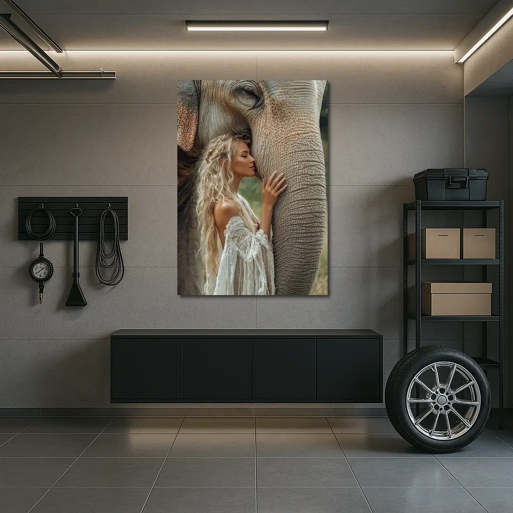 Woman With Elephant Boho White Dress – Wall Art