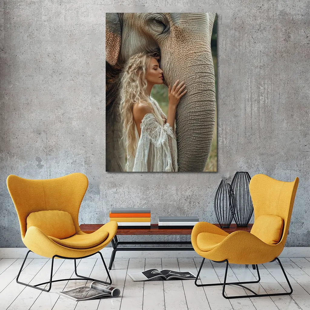 Woman With Elephant Boho White Dress – Wall Art