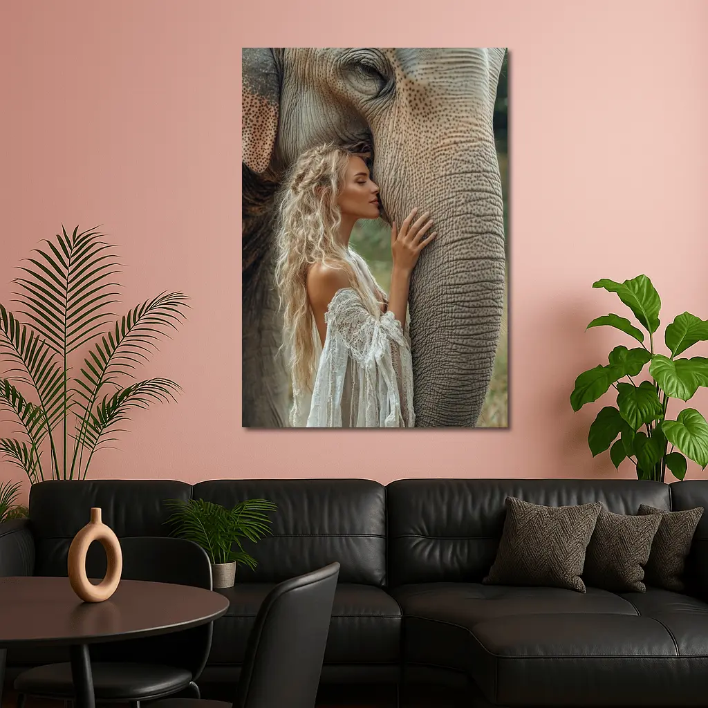 Woman With Elephant Boho White Dress – Wall Art