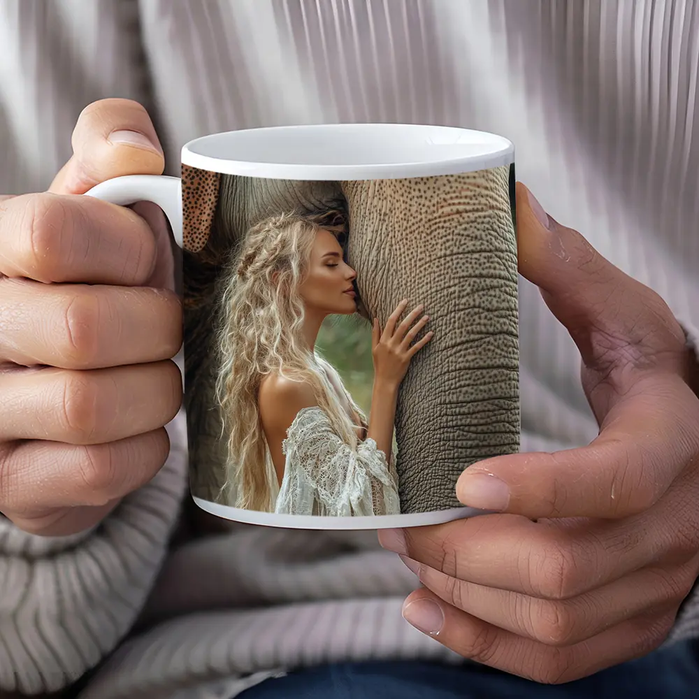 Woman With Elephant Boho White Dress – Mugs
