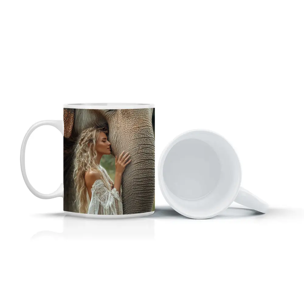 Woman With Elephant Boho White Dress – Mugs