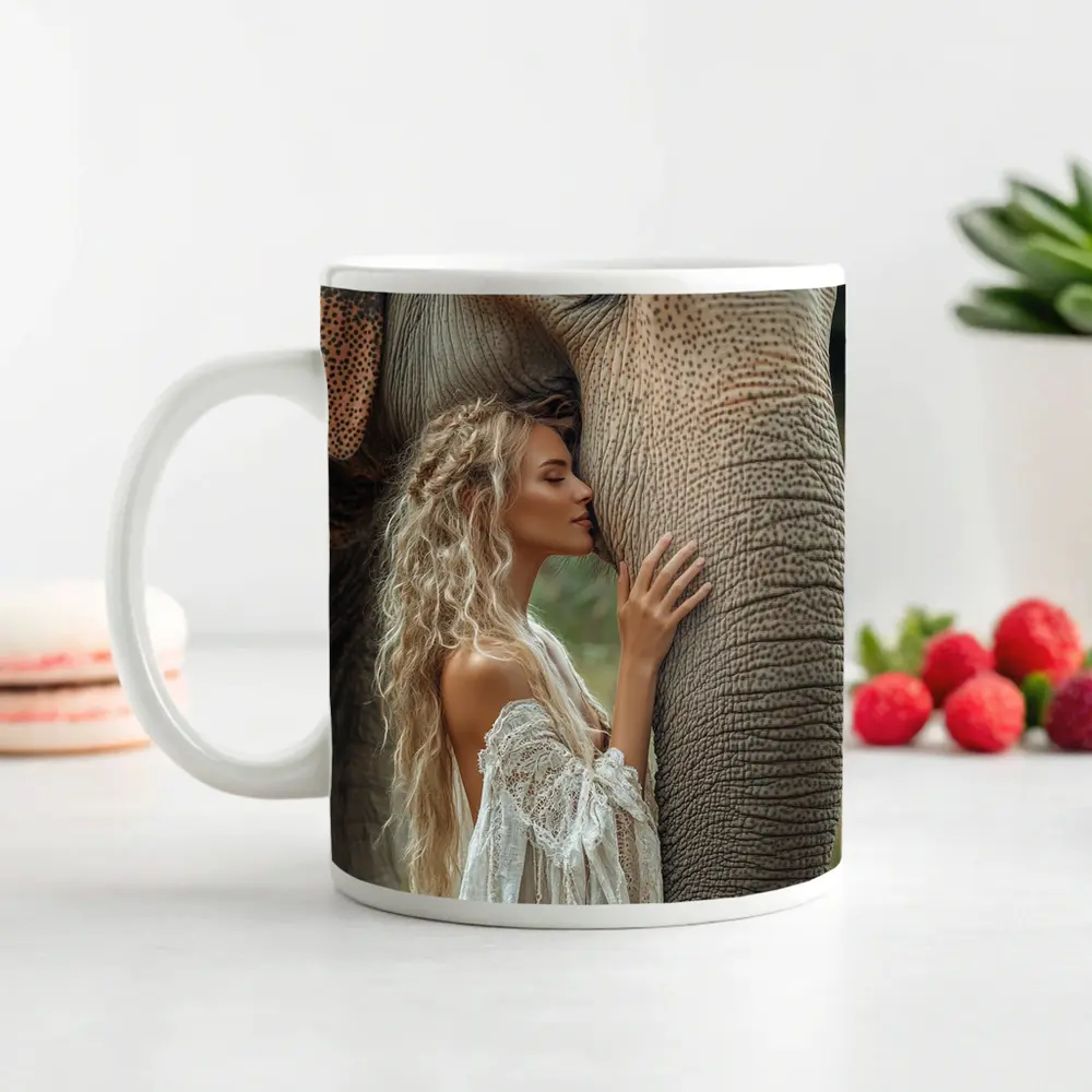 Woman With Elephant Boho White Dress – Mugs