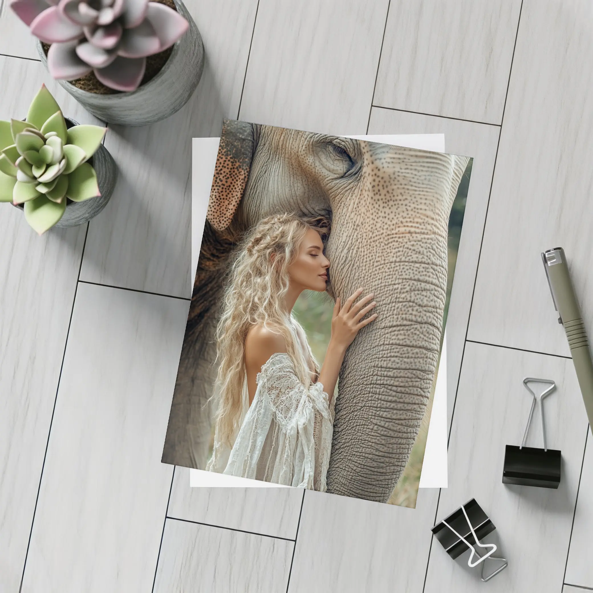 Woman With Elephant Boho White Dress – Postcards