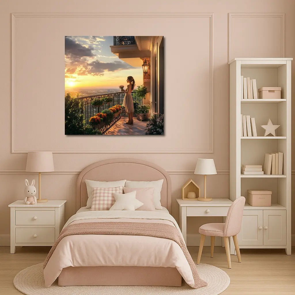 Woman on Balcony Golden Sunset City View – Wall Art