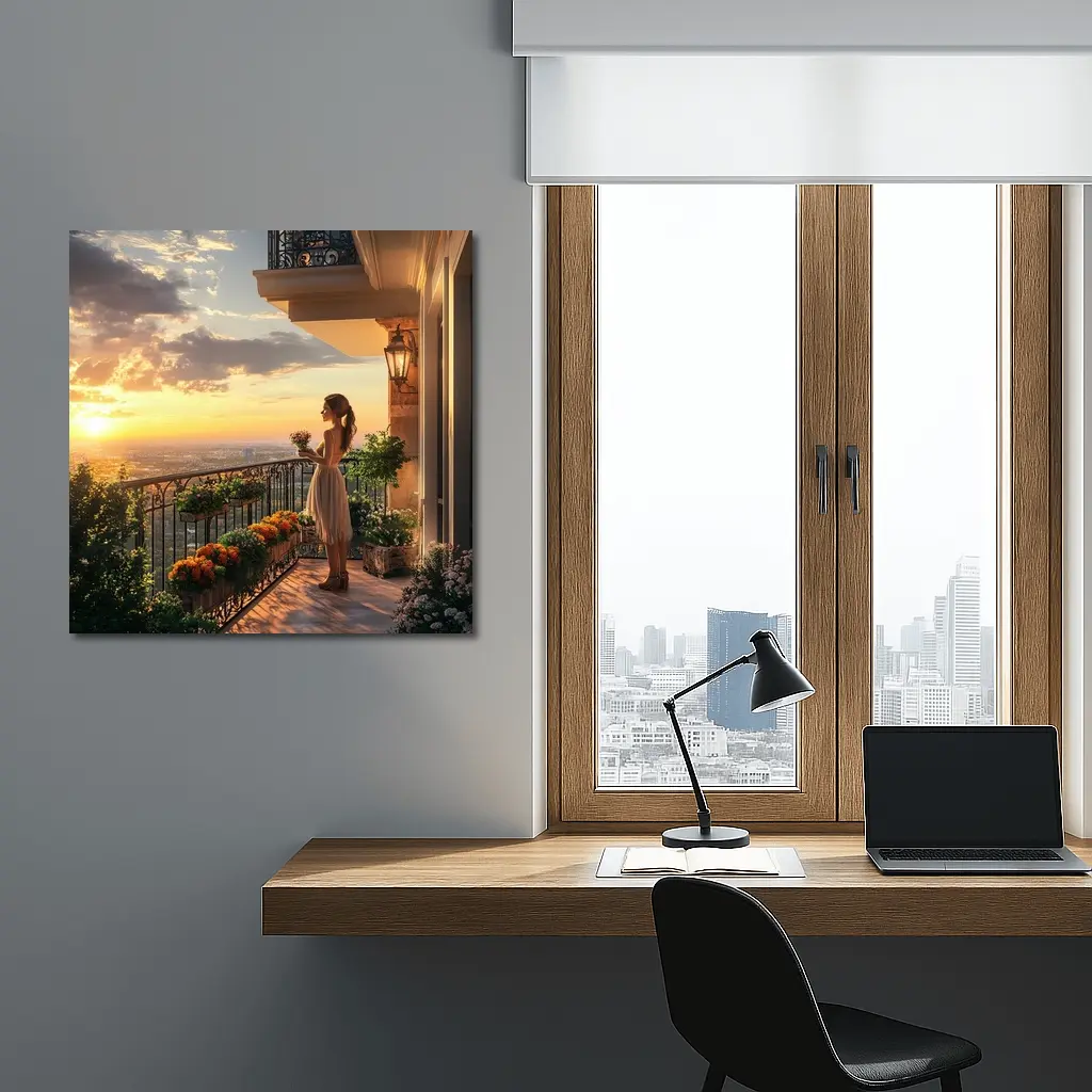 Woman on Balcony Golden Sunset City View – Wall Art