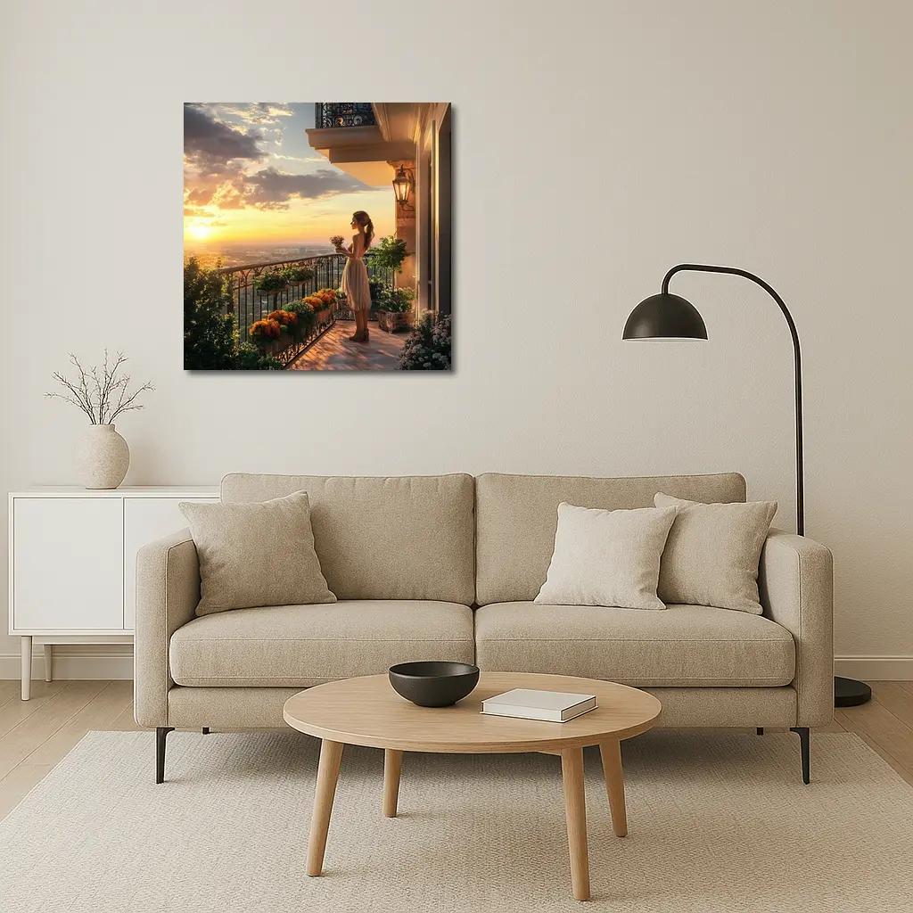 Woman on Balcony Golden Sunset City View – Wall Art