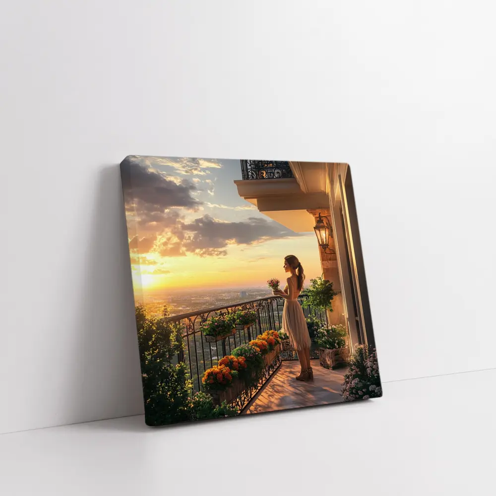 Woman on Balcony Golden Sunset City View – Wall Art