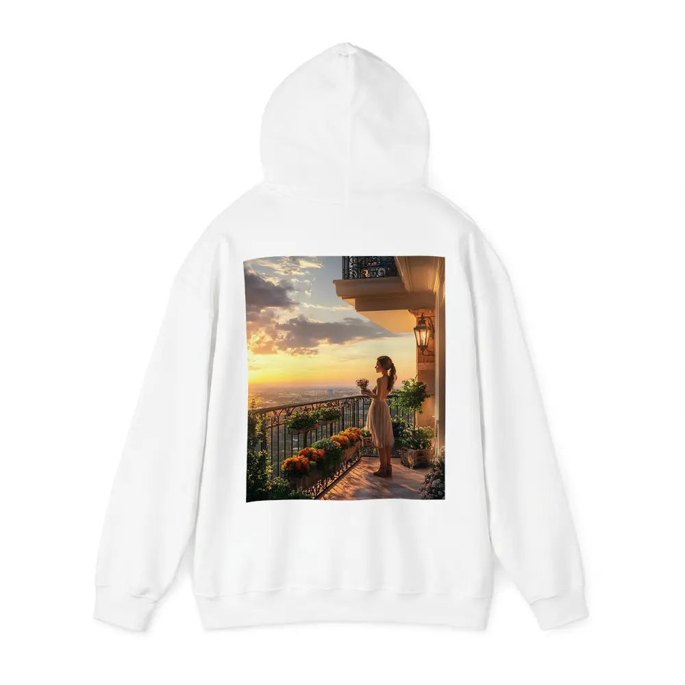 Woman on Balcony Golden Sunset City View – Hoodies