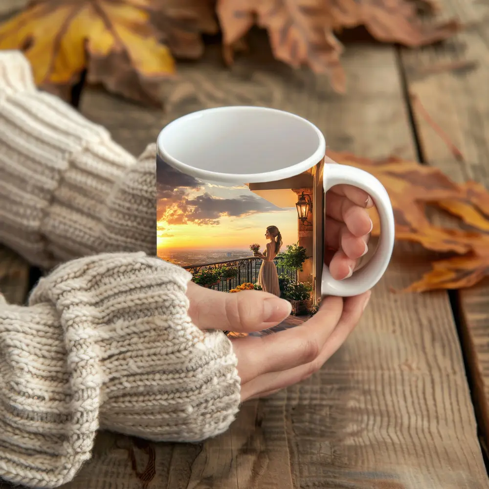 Woman on Balcony Golden Sunset City View – Mugs