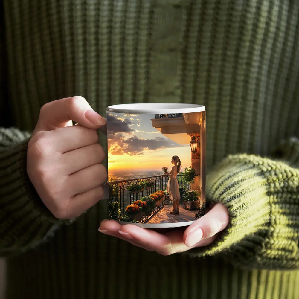 Woman on Balcony Golden Sunset City View – Mugs
