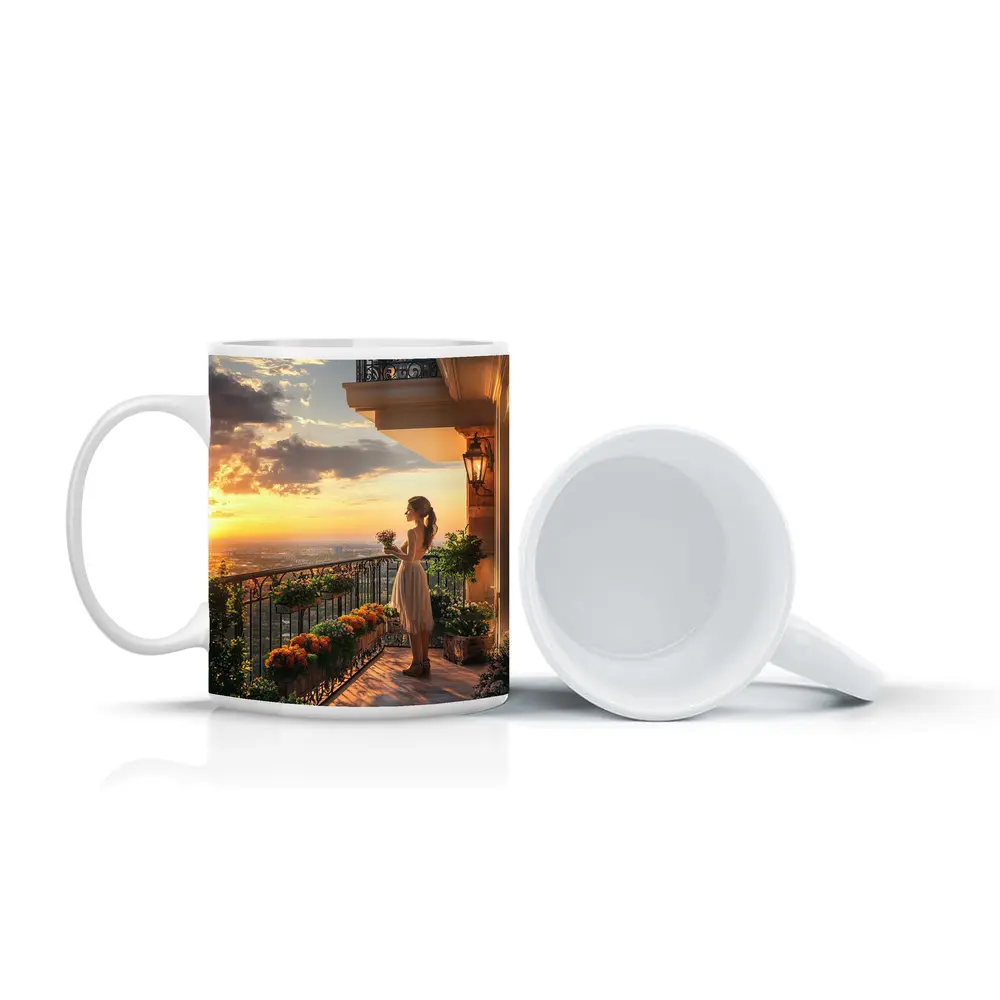 Woman on Balcony Golden Sunset City View – Mugs
