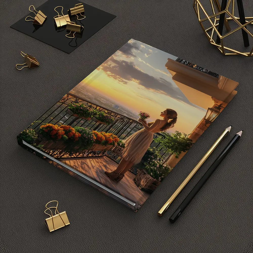 Woman on Balcony Golden Sunset City View – Notebooks