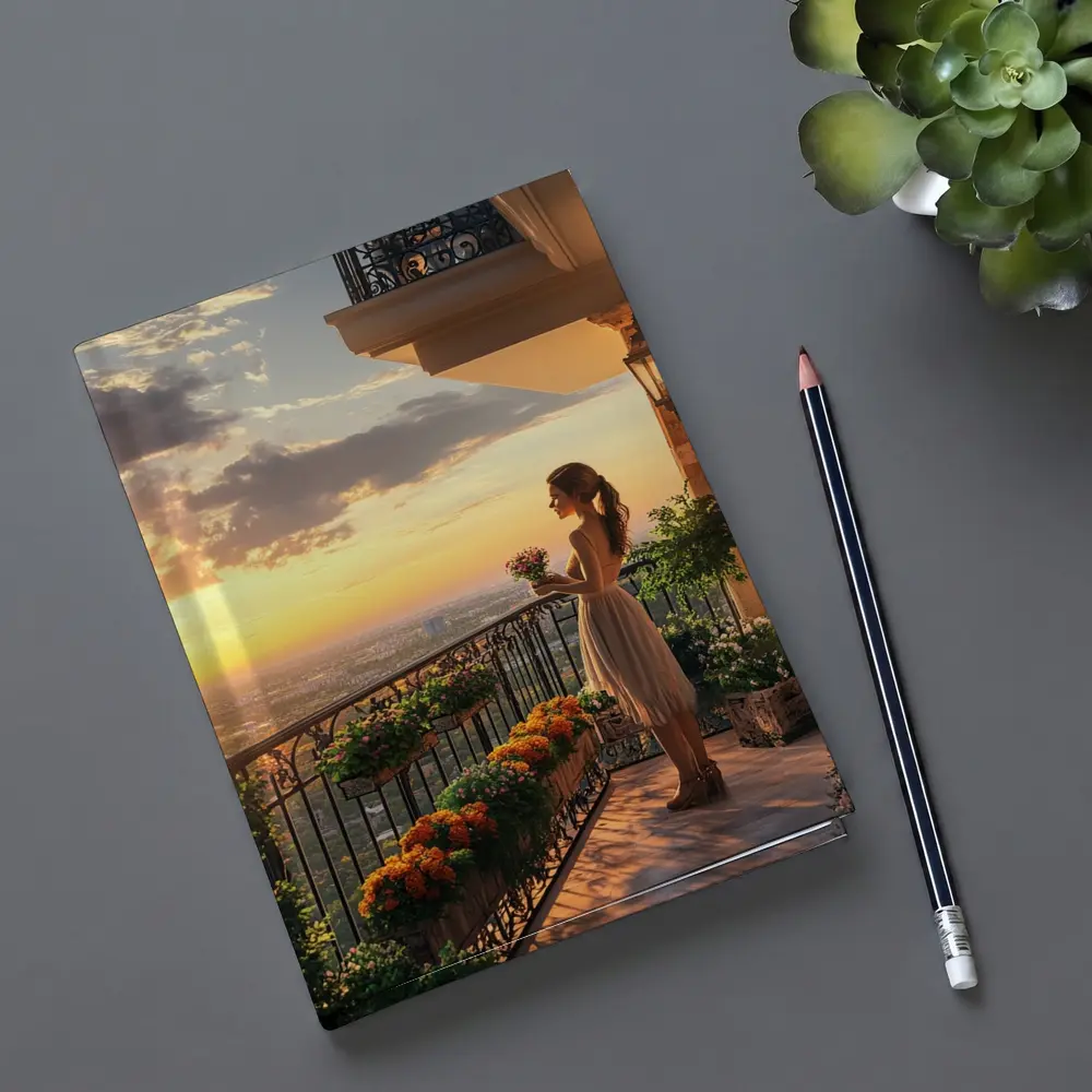 Woman on Balcony Golden Sunset City View – Notebooks