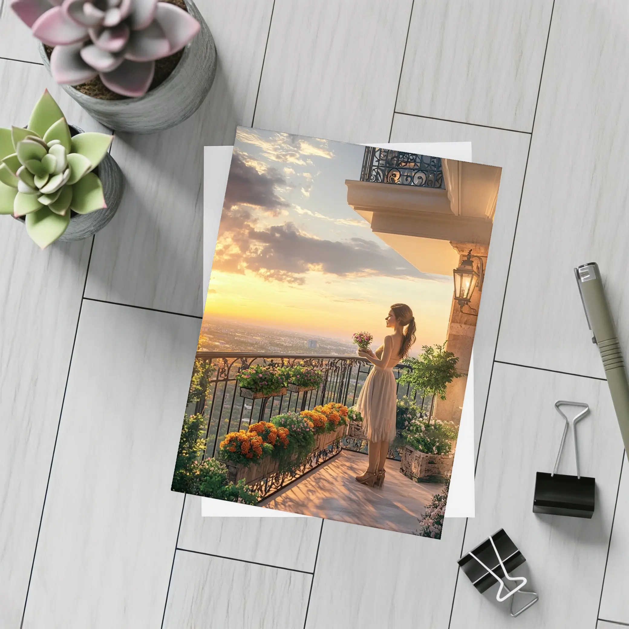 Woman on Balcony Golden Sunset City View – Postcards