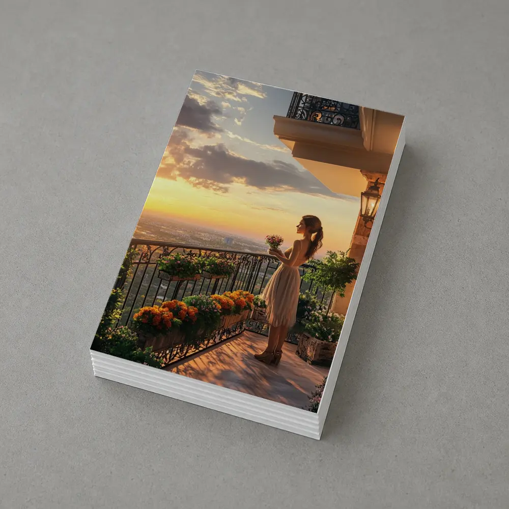 Woman on Balcony Golden Sunset City View – Postcards