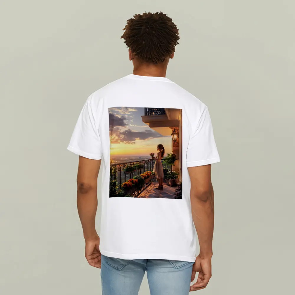 Woman on Balcony Golden Sunset City View – T-Shirts