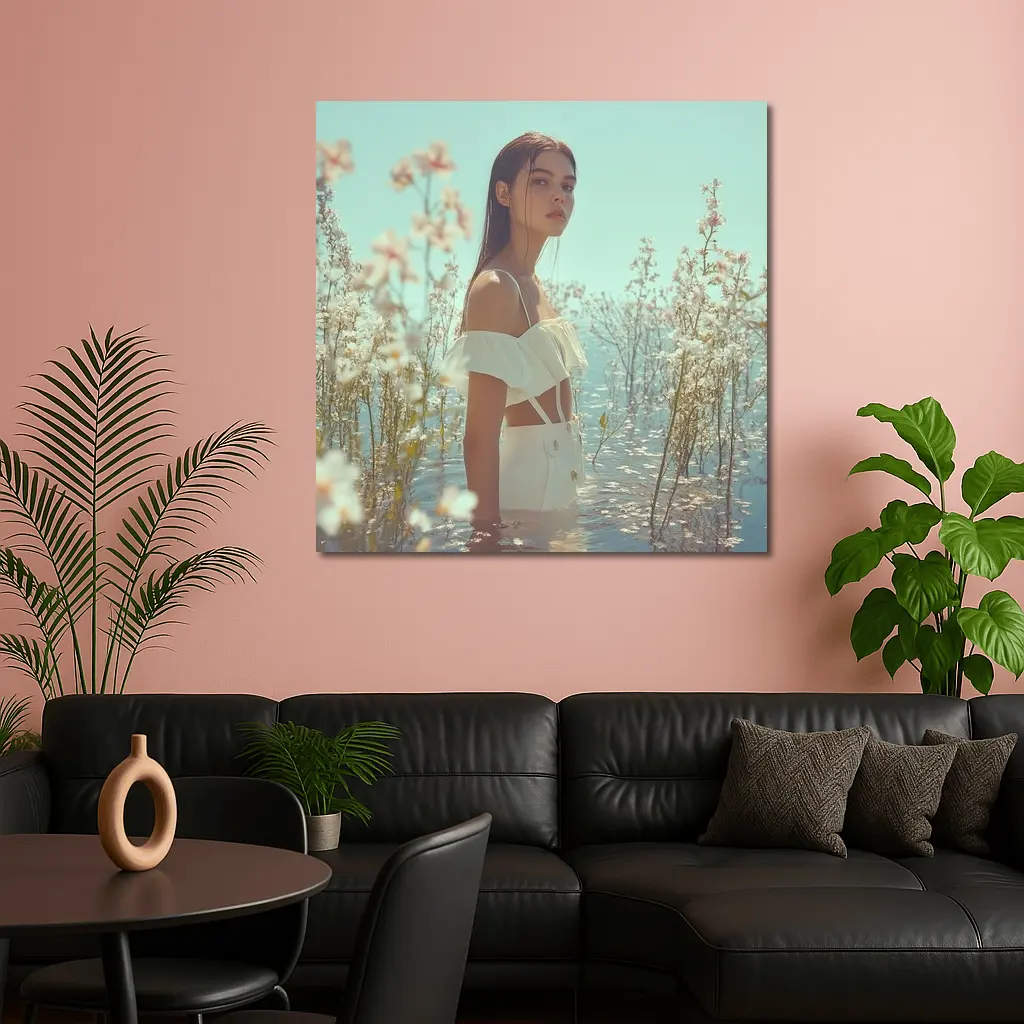 Young Woman Standing Among White Flowers Water – Wall Art