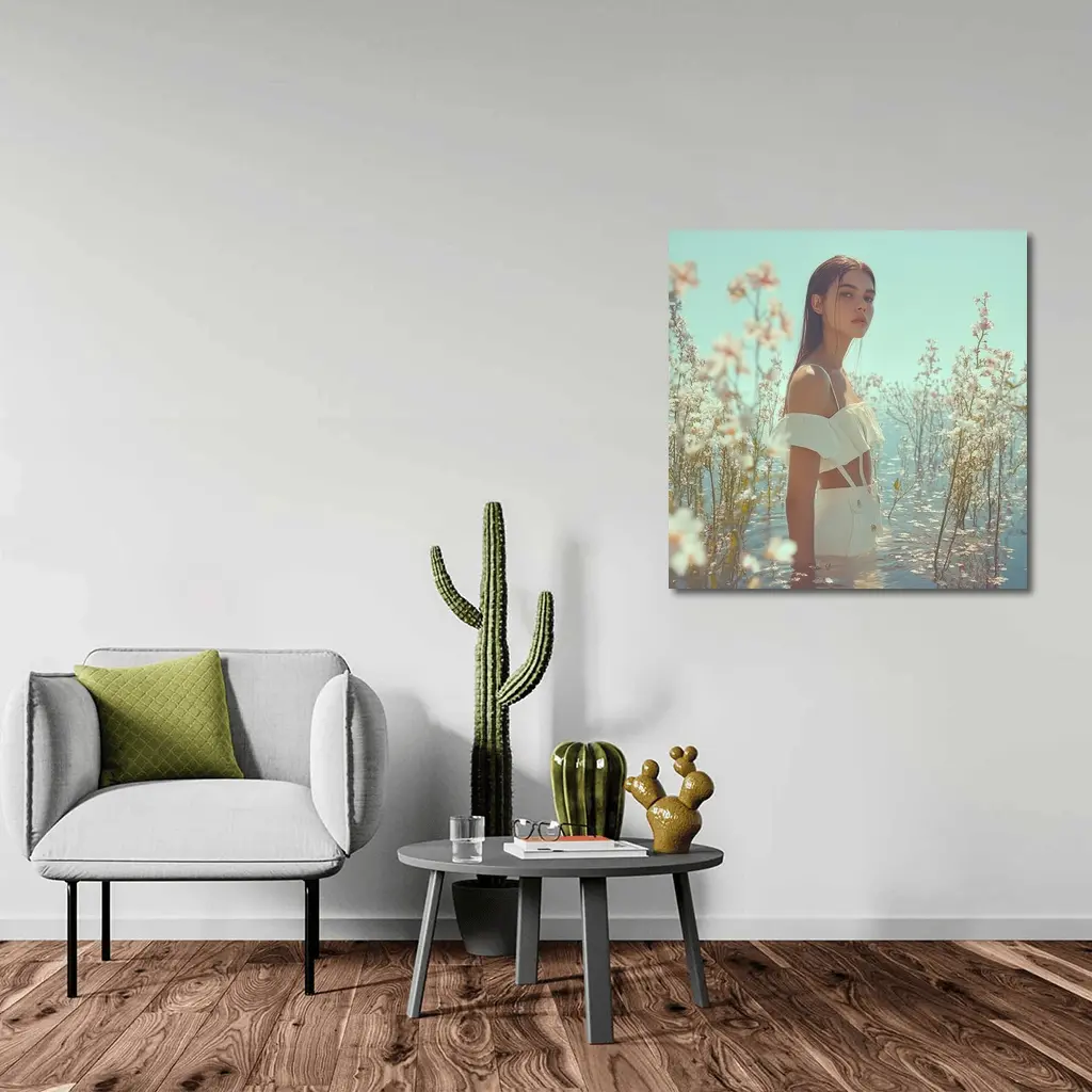 Young Woman Standing Among White Flowers Water – Wall Art