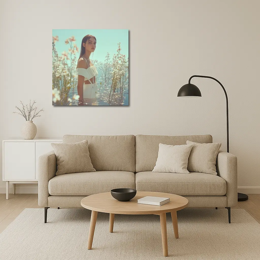 Young Woman Standing Among White Flowers Water – Wall Art