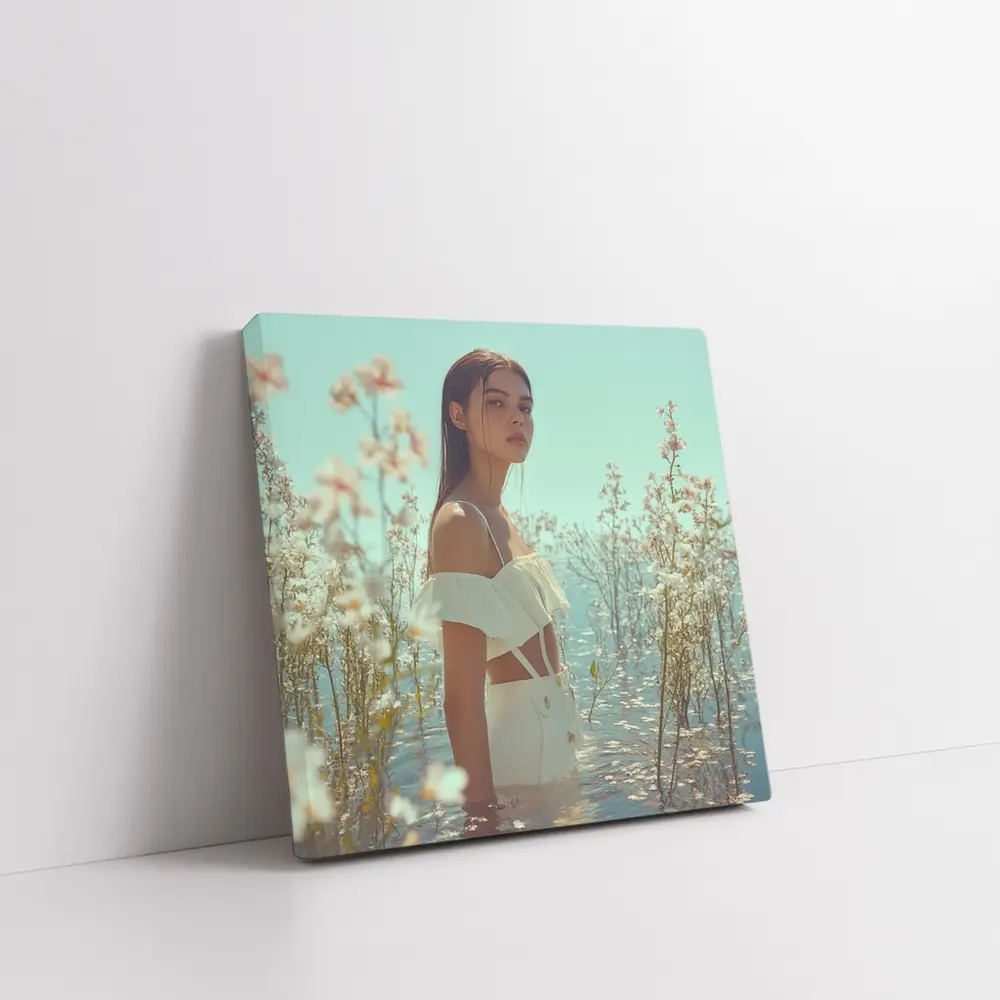 Young Woman Standing Among White Flowers Water – Wall Art