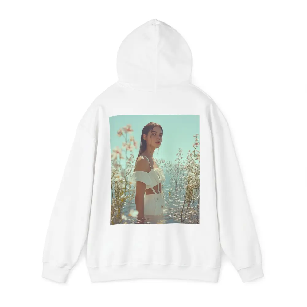 Young Woman Standing Among White Flowers Water – Hoodies