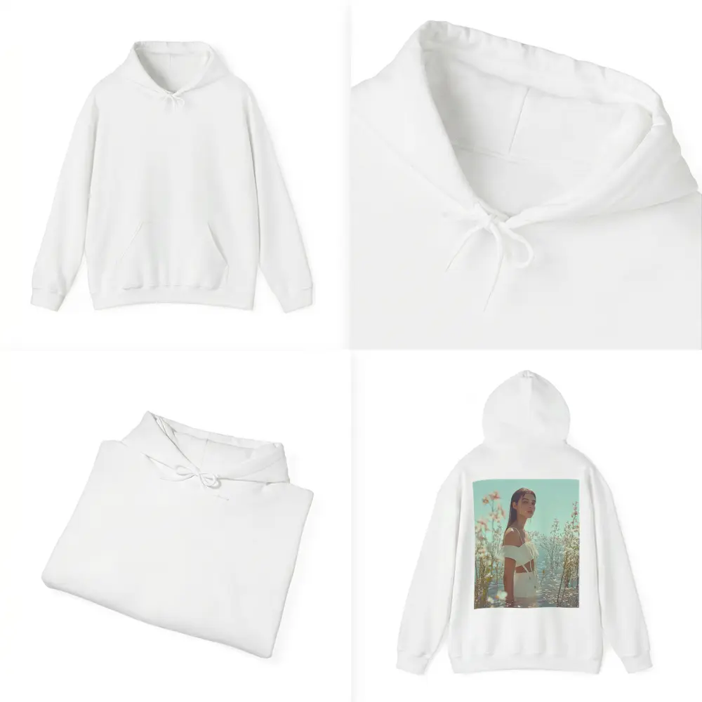 Young Woman Standing Among White Flowers Water – Hoodies
