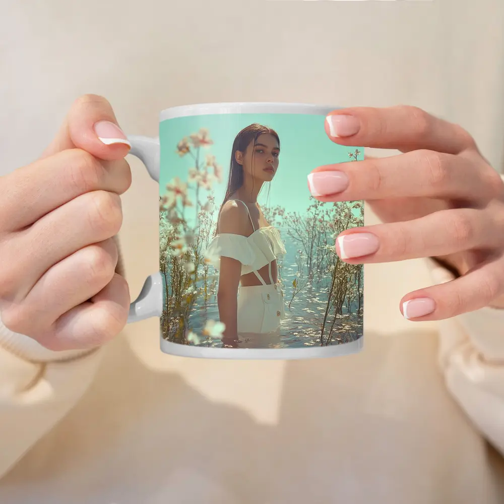 Young Woman Standing Among White Flowers Water – Mugs