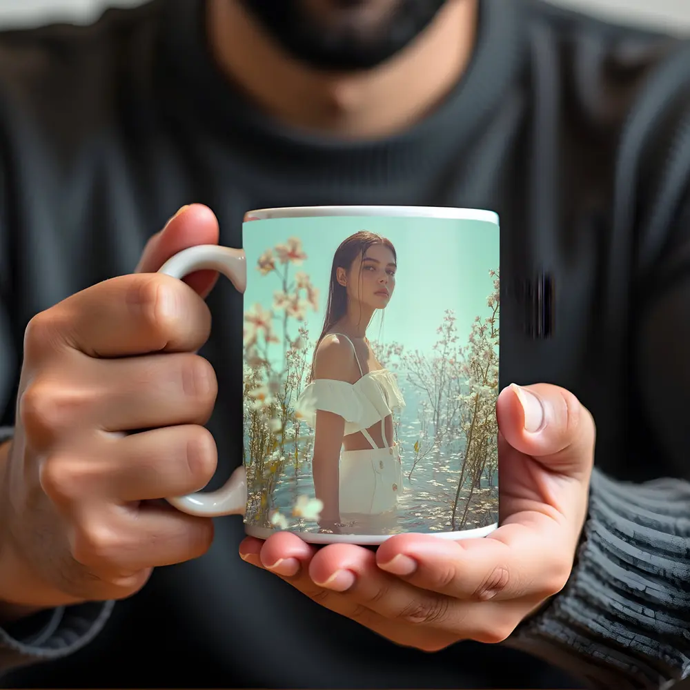 Young Woman Standing Among White Flowers Water – Mugs