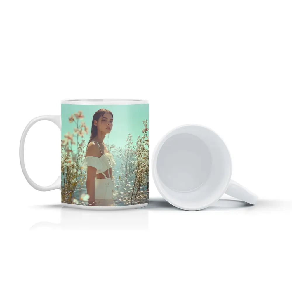 Young Woman Standing Among White Flowers Water – Mugs